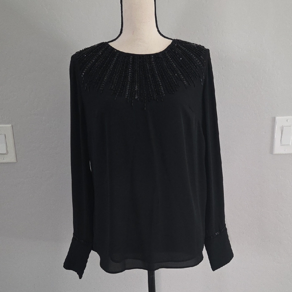 WHBM Women's Black Beaded Formal Long Sleeve Blouse Size 6 NWT